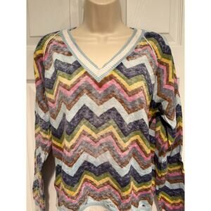 Minnie Rose reverse chevron v neck sweater cotton cashmere Sz L Colorblock boho